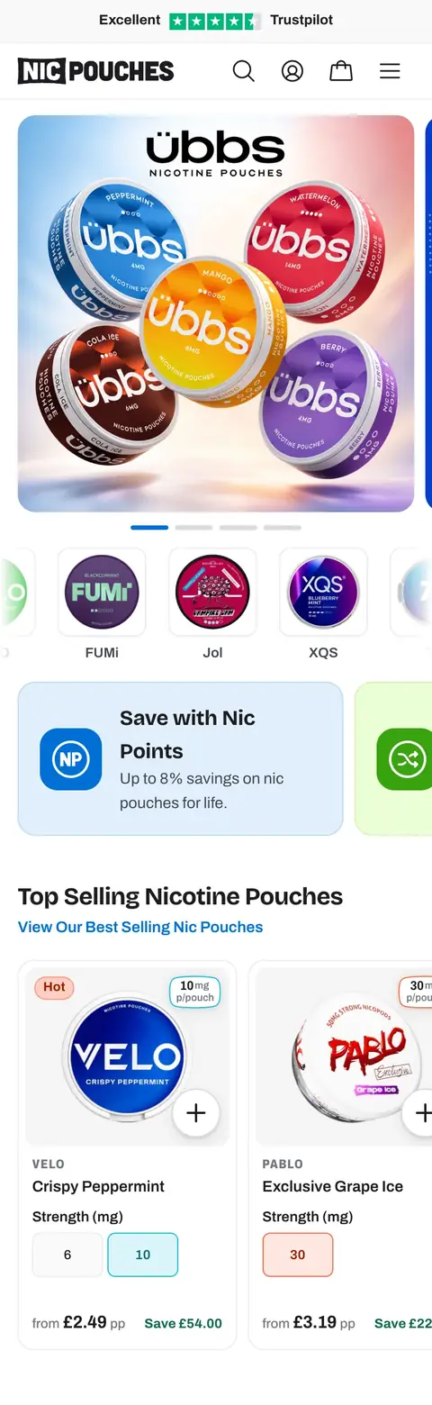Nic Pouches website on mobile