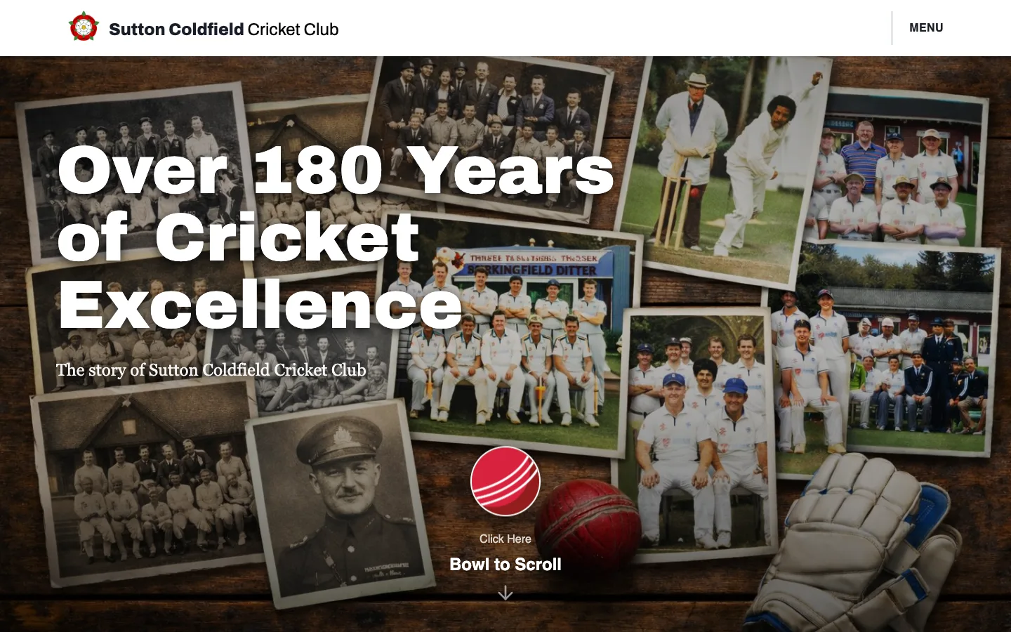 SCCC Heritage homepage on desktop: archive photos on a wooden table with a Bowl to Scroll cricket ball