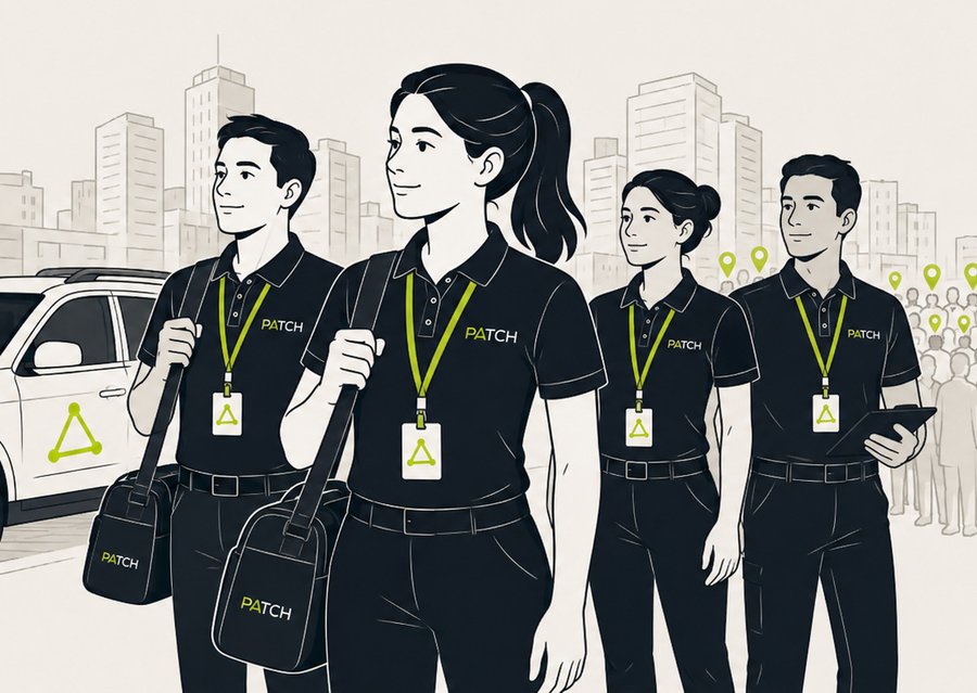 Line drawing of four PATCH ambassadors in uniform with lime lanyards
