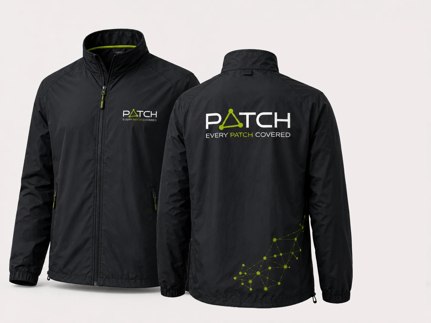 Black rain jacket, front and back, with the PATCH logo and network on the lower back