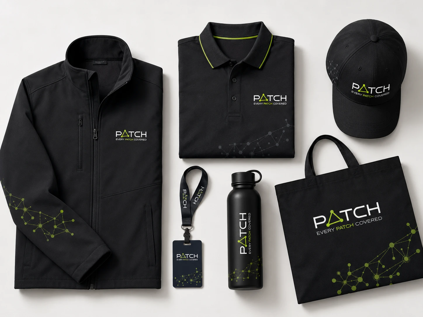 Flat lay of the PATCH uniform kit: soft-shell, polo, cap, lanyard, bottle and tote