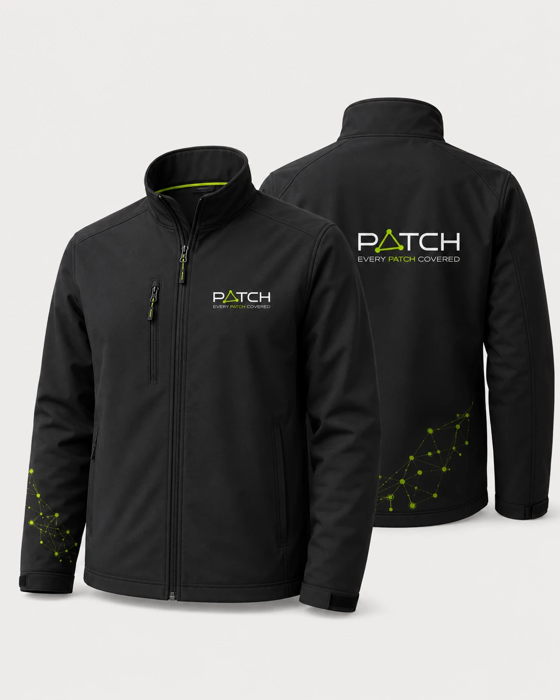Black soft-shell jacket, front and back, with the PATCH logo and a lime network on the sleeve