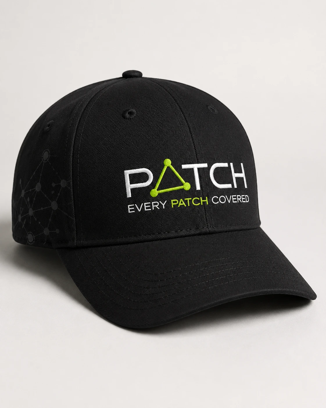 Black cap with the embroidered PATCH logo and a tonal network on the side panel