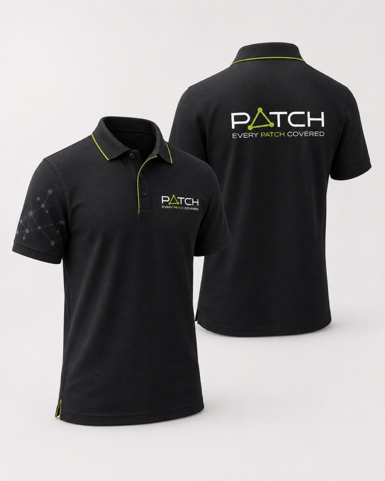 Black polo shirts with lime collar tipping and the PATCH logo