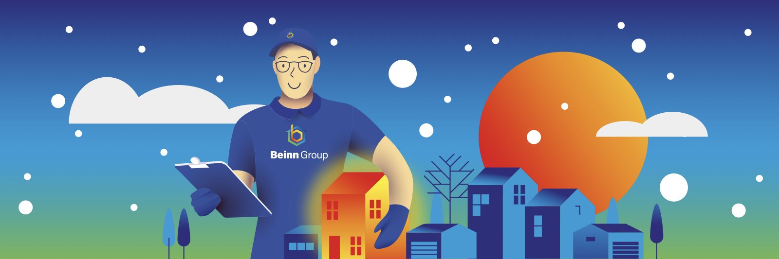 Beinn Group header: the installer with a clipboard in front of a snowy street, a warm house glowing