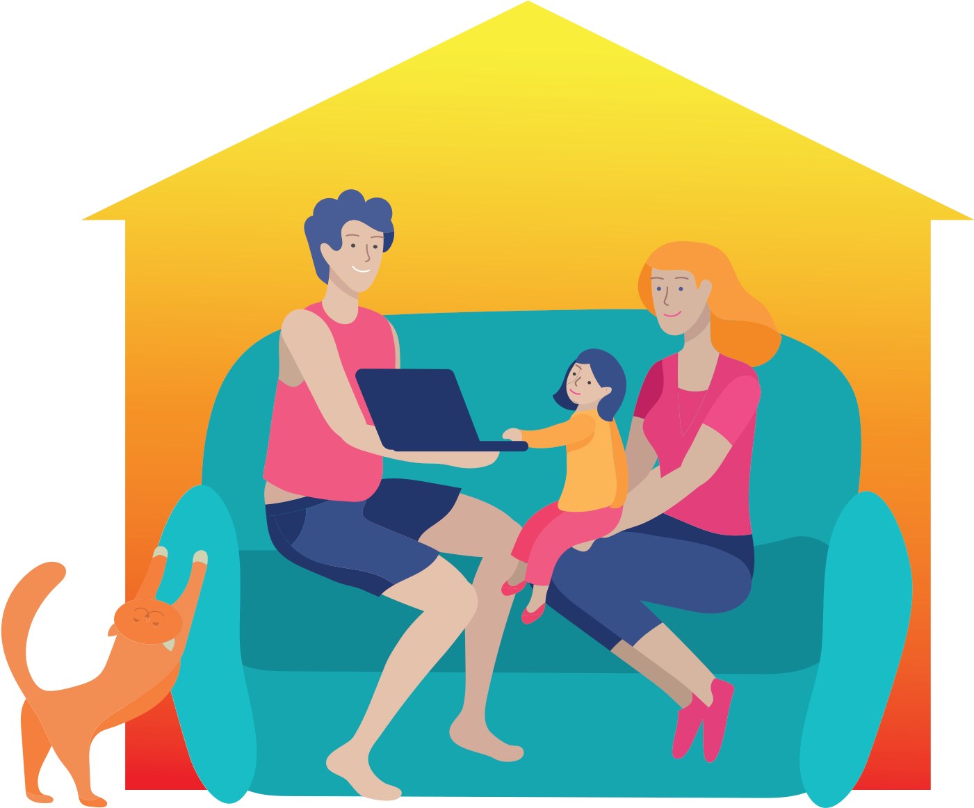 Illustrated family on a sofa in a warm house