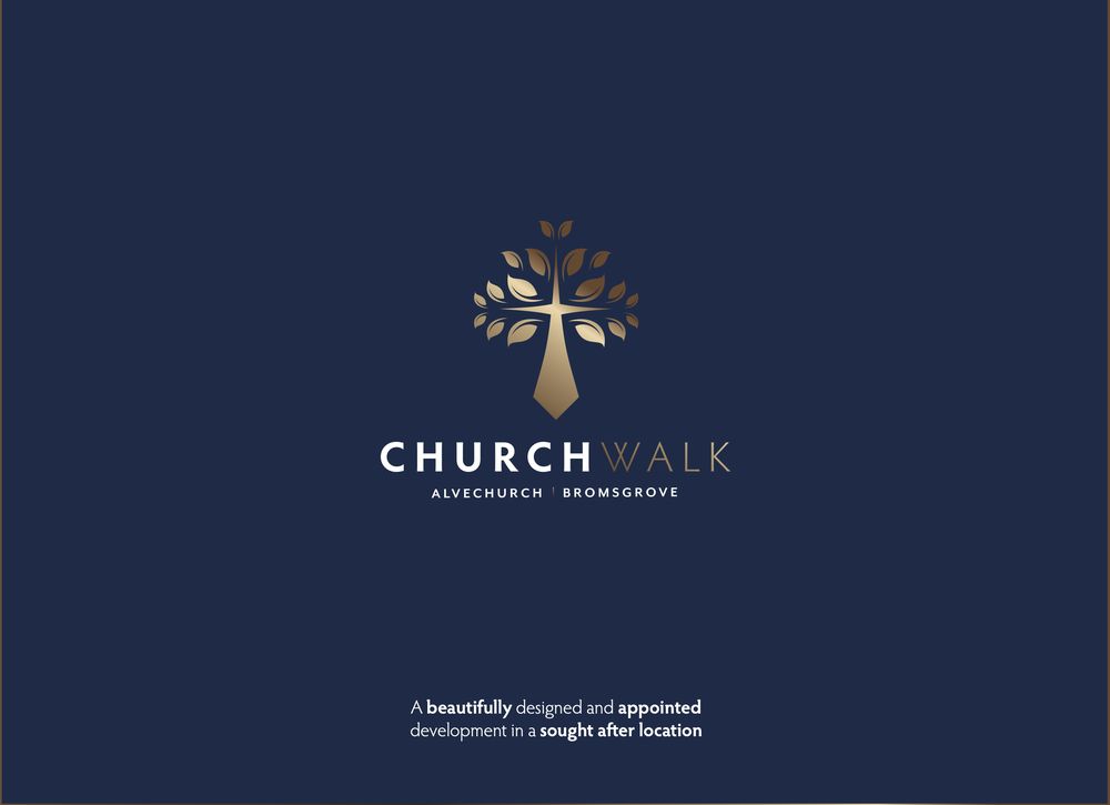 Church Walk brochure cover: a gold tree-and-cross mark on navy