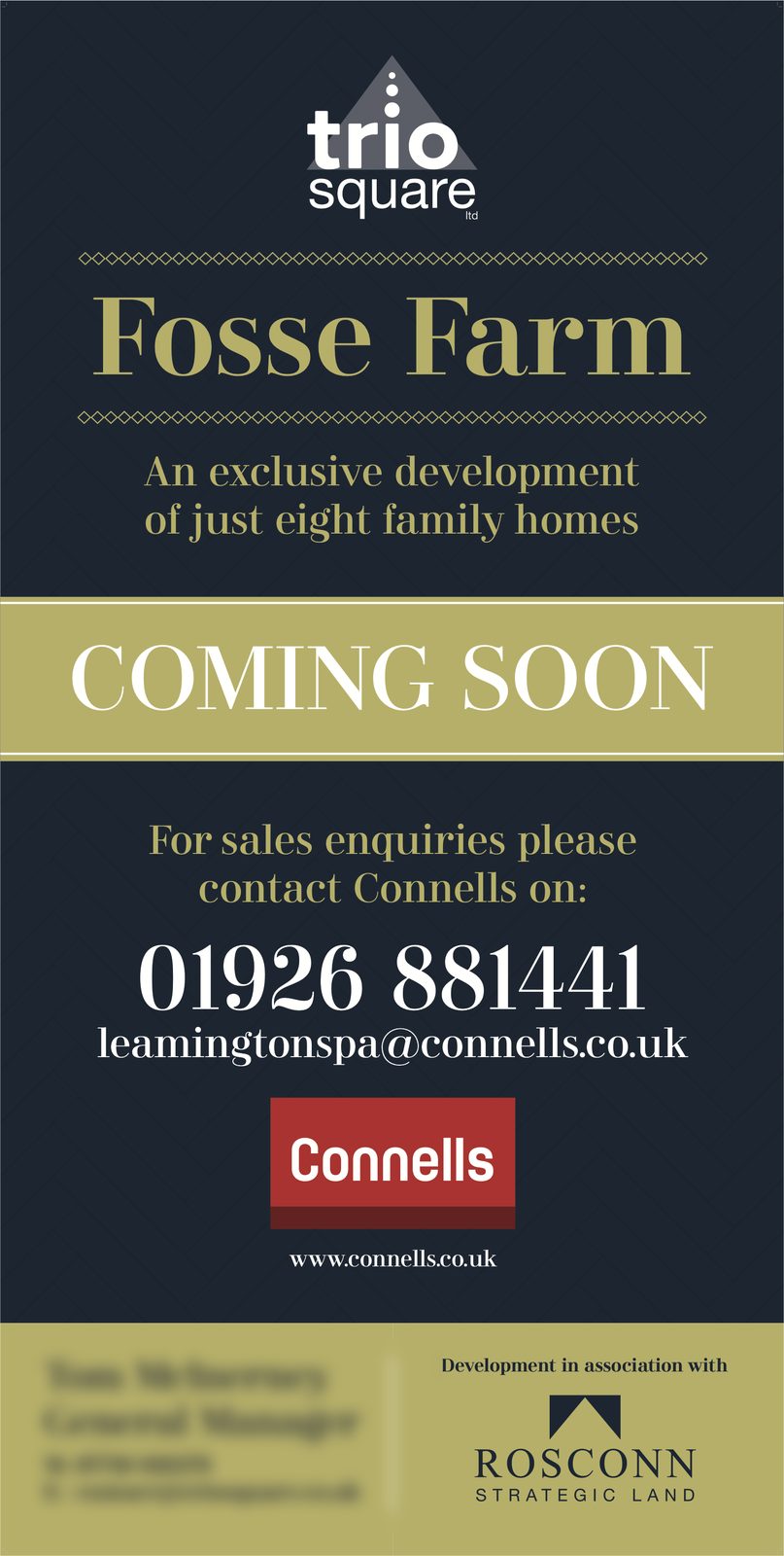 Fosse Farm coming soon board: Trio Square logo, Fosse Farm in gold serif, an exclusive development of just eight family homes, Connells contact