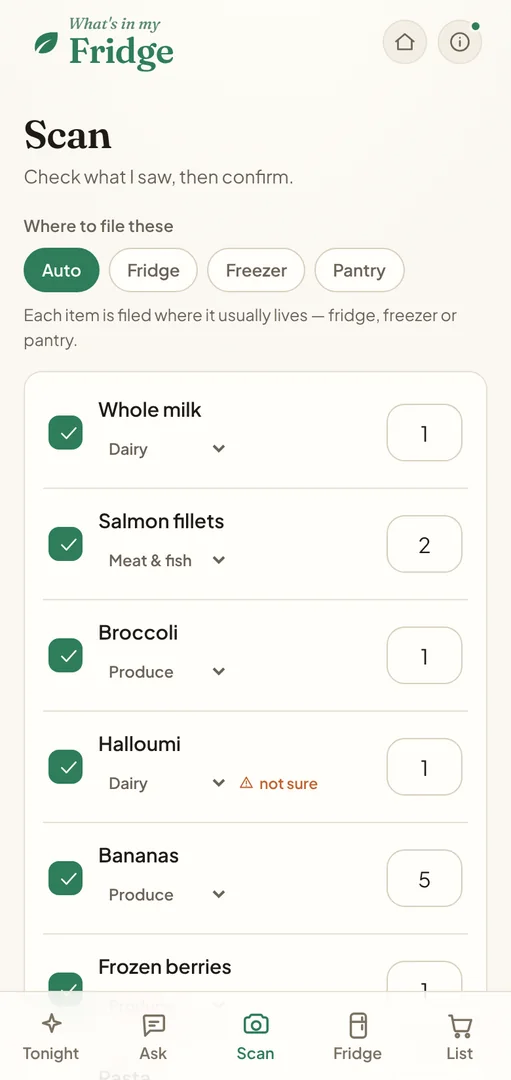 Scan: the items found in a photo, ready to check before they’re added